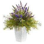 Nearly Natural A1128 19" Artificial Green & Purple Lavender & Rosemary Arrangement in Embossed White Planter