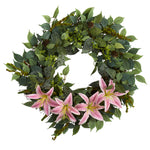 Nearly Natural 23``Mixed Ruscus, Lily, Fittonia and Berries Artificial Wreath