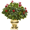 Nearly Natural 8531 16" Artificial Green Real Touch Holly Leaf Plant in Gold Urn