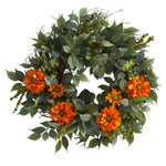 Nearly Natural 23`` Mixed Greens and Zinnia Artificial Wreath