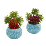 Nearly Natural 8452-S2 10" Purple & Red Artificial Succulent Plant in Blue Vase, Set of 2
