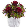 Nearly Natural 13`` Roses & Eucalyptus Artificial Arrangement in Marble Finished Vase