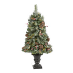 Nearly Natural 4` Frosted Pine, Pinecone and Berries Artificial Christmas Tree with 100 Clear LED Lights in Decorative Urn