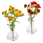 Nearly Natural 1665-S2 10" Artificial Yellow & Red Japanese Arrangement in Glass Vase, Set of 2