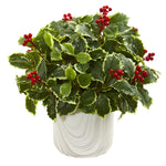 Nearly Natural 8527 14" Artificial Green Real Touch Variegated Holly Leaf Plant in Vase