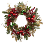 Nearly Natural 4556 24" Artificial Green & Red Ornament, Pine & Pine Cone Wreath