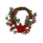 Nearly Natural 4361 19" Artificial Green & Red Poinsettia with Berries & Cotton Wreath