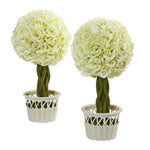 Nearly Natural 4592-S2 13" Artificial White Rose Topiary in White Pot Plant, Set of 2