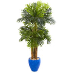 Nearly Natural 5668 5' Artificial Green Triple Areca Palm Tree in Glazed Blue Planter