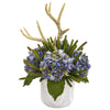 Nearly Natural A1282 19" Artificial Green & Blue Hydrangeas, Succulent & Antlers Arrangement in Marble Vase