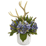 Nearly Natural A1282 19" Artificial Green & Blue Hydrangeas, Succulent & Antlers Arrangement in Marble Vase
