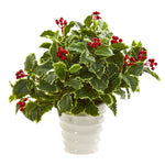 Nearly Natural 8529 16" Artificial Green Real Touch Variegated Holly Plant in White Vase