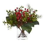 Nearly Natural 4260 Red Berry, Pine & Boxwood Artificial Silk Arrangement