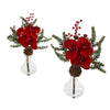 Nearly Natural 1659-S2 12" Artificial Red Phalaenopsis Orchid, Berry & Pine Arrangement in Glass Vase, Set of 2