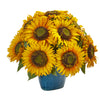 Nearly Natural A1205 14" Artificial Yellow Sunflower Arrangement in Blue Vase