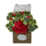 Nearly Natural A1089 14" Artificial Green & Red Hydrangea & Holly Leaf Arrangement in Tin Roof Planter