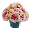 Nearly Natural 14`` Peony Artificial Arrangement in Blue Vase