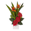 Nearly Natural P1123 22" Artificial Green & Red Bird of Paradise, Anthurium & Sansevieria Plant in White Planter