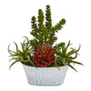 Nearly Natural 8987 13" Artificial Green & Red Mixed Succulent Plant in Tin White Planter