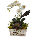 Nearly Natural 1326 21" Artificial Green & White Orchid & Succulent Garden with White Wash Planter