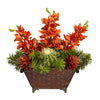 Nearly Natural 21`` Cymbidium Orchid, Cactus and Succulent Artificial Arrangement in Metal Vase