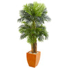 Nearly Natural 5669 5.5' Artificial Green Triple Areca Palm Tree in Orange Planter