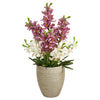 Nearly Natural 32`` Cymbidium Orchid and Cactus Succulent Artificial Arrangement in Sand Colored Vase