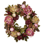 Nearly Natural 24`` Peony Hydrangea Wreath