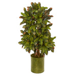 Nearly Natural 6416 3.5' Artificial Green Croton Plant in Green Tin Planter