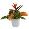 Nearly Natural 4820 14" Artificial Green Tropical Floral Arrangement with White Glass Vase