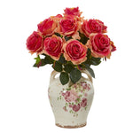 Nearly Natural Rose Artificial Arrangement in Flower Print Jar