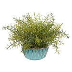 Nearly Natural 8839 11" Artificial Green Rosemary Plant in Turquoise Bowl with Silver Trimming
