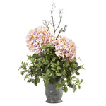 Nearly Natural 8800 44" Artificial Green & Pink Hydrangea & Dusty Miller Plant in Metal Urn