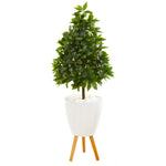 Nearly Natural 9930 44" Artificial Green Sweet Bay Cone Topiary Tree in White Planter with Stand