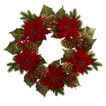Nearly Natural 4269 24" Artificial Green & Red Poinsettia, Berry & Golden Pine Cone Wreath