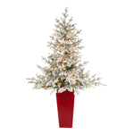 Nearly Natural 57'' Flocked Fraser Fir Artificial Christmas Tree with 300 Warm White Lights and 967 Bendable Branches in Tower Planter