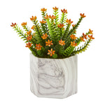 Nearly Natural 8140 11" Artificial Green & Orange Flowering Sedum Plant in Marble Vase