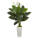 Nearly Natural 6362 51" Artificial Green & White Spathifyllum Plant in White Tower Planter