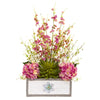 Nearly Natural A1231 25" Artificial Green & Pink Cherry Blossom, Hydrangea & Succulent Arrangement in Decorative Wood Vase