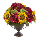Nearly Natural A1014 16" Artificial Sunflower & Hydrangea Arrangement in Decorative Planter, Multicolor