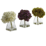 Nearly Natural 1313-S3 8" Artificial Green, Purple & White Hydrangea with Glass Vase, Set of 3