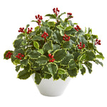 Nearly Natural 8696 22" Artificial Green Real Touch Variegated Holly Leaf Plant in White Vase