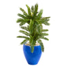 Nearly Natural 9200 3' Artificial Green Double Cycas Plant in Blue Planter