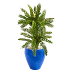 Nearly Natural 9200 3' Artificial Green Double Cycas Plant in Blue Planter