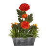 Nearly Natural A1269 17" Artificial Green & Orange Mum & Succulent Arrangement in Embossed Tin Vase