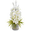 Nearly Natural A1375 35" Artificial White Phalaenopsis Orchid & Fern Arrangement in Stoneware Vase with Gold Trimming
