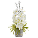 Nearly Natural A1375 35" Artificial White Phalaenopsis Orchid & Fern Arrangement in Stoneware Vase with Gold Trimming