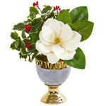 Nearly Natural 1984 19" Artificial Green & White Magnolia & Holly Leaf Arrangement in Stoneware Urn