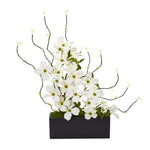 Nearly Natural 1907 23" Artificial White Dogwood & Willow Arrangement in Black Vase