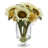 Nearly Natural 4599 12" Artificial Yellow Sunflower & Sedum Arrangement in Glass Vase